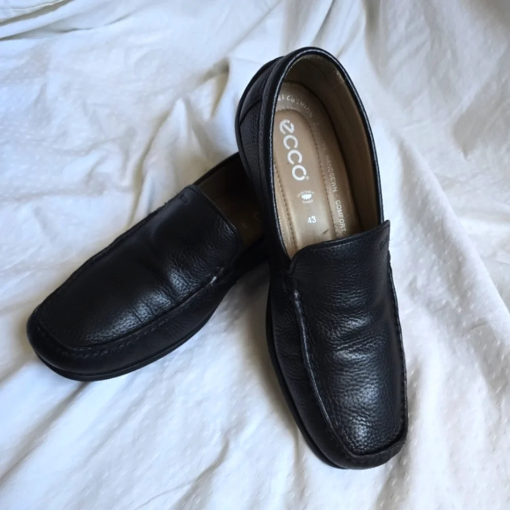 Ecco Sz 43 Mens Black Pebbled Leather Slip-On Comfort Moccasin Moc Driving Shoes